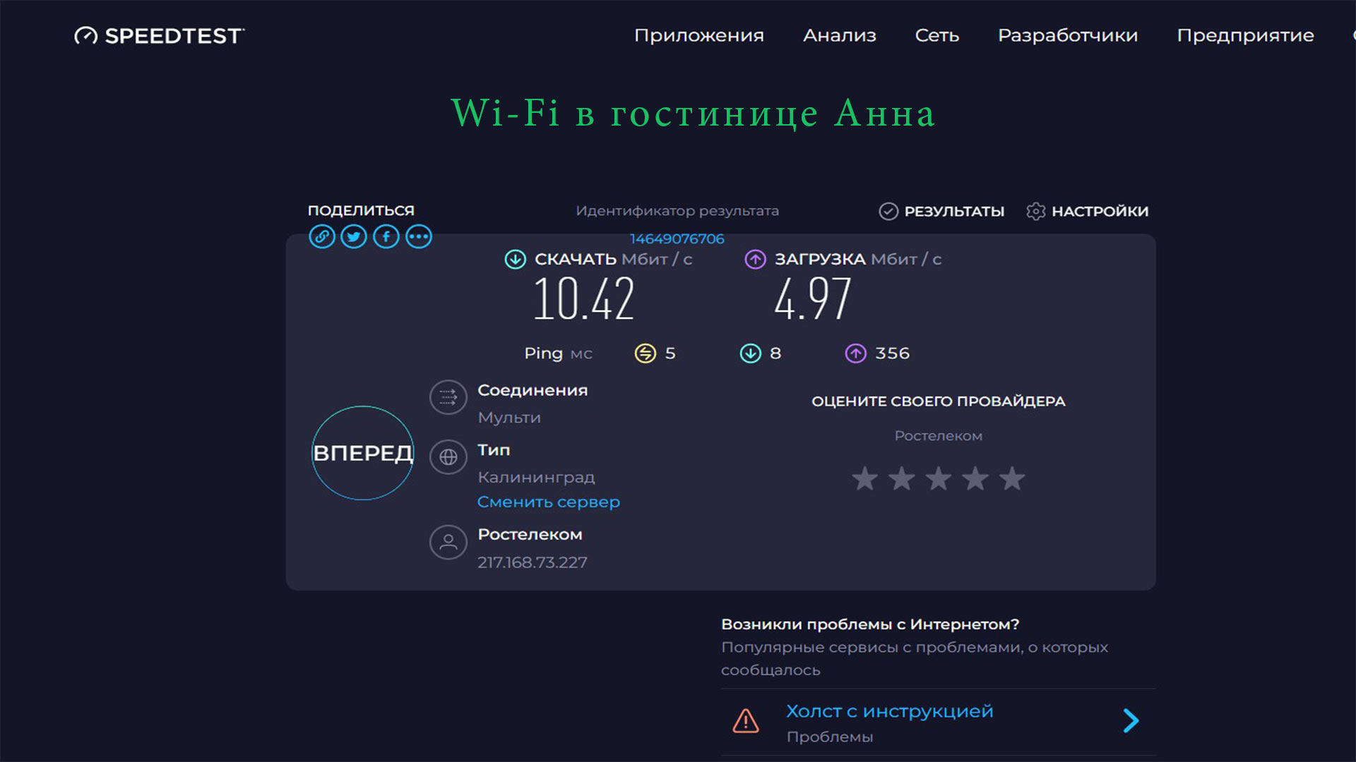 Скорость интернета в отеле Анна
